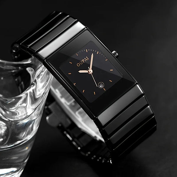 [Ceramic Strap Men's Watch] Ceramic Strap Men's Square Dial Watch | 24mm Rectangular Wristwatch with Calendar Display | Simple, Casual, Everyday Wear