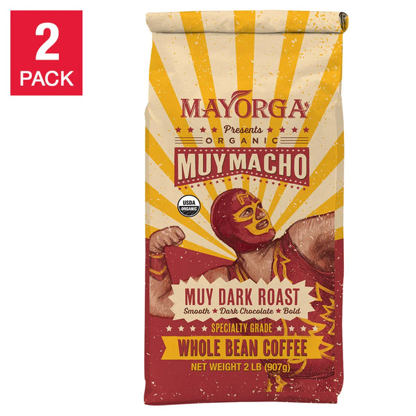 Mayorga Muy Macho, USDA Organic, Muy Dark Roast, Whole Bean Coffee, 2lb, 2-pack