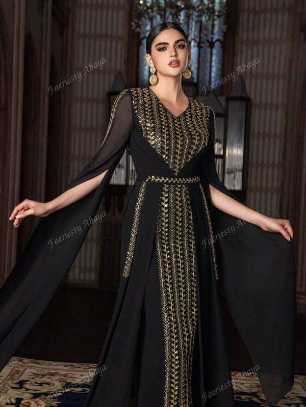 Faeriesty Abaya Luxury Beaded Sequined Chiffon Gown With V Neck, Slitted Long Sleeves & Adjustable Detachable Belt – Perfect For Weddings, Galas, And Winter Formal Events (Sparkling Sequin Embroidery, Ethereal Glow, And Timeless Elegance) Summer Outfit Sp