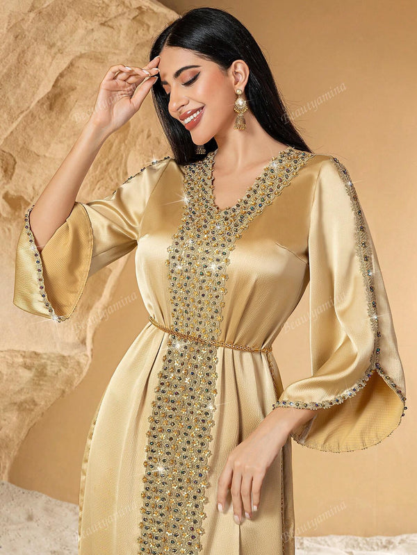 New Style Champagne Color Contrast Lace Handmade Beaded Arabic Evening Dress
