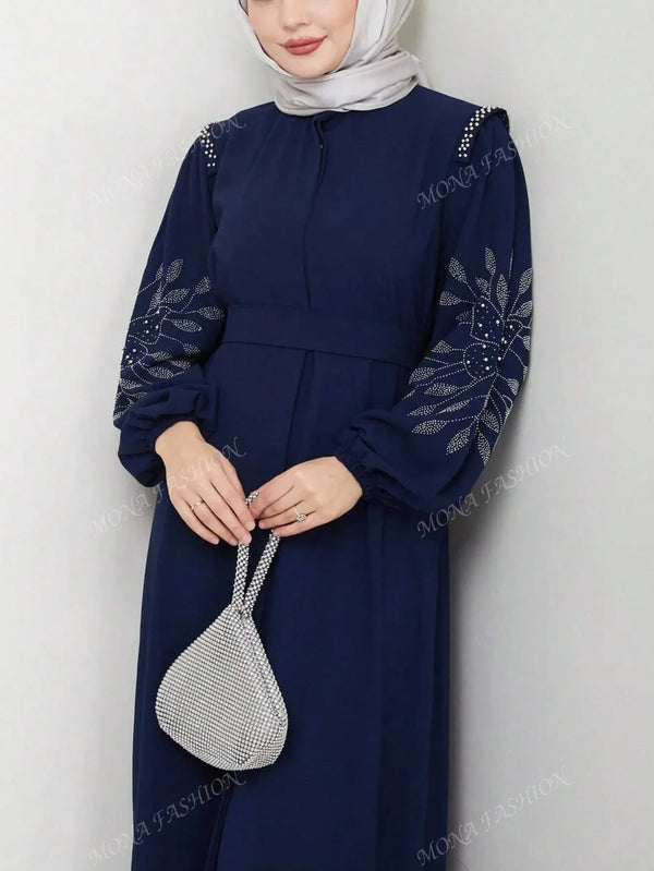Women's Elegant Solid Color Long Sleeve Maxi Dress, Zipper Detail With Pearls & Rhinestones, Abaya Style, Middle Eastern Turkish Fashion