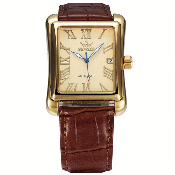 SEWOR Vintage Mechanical Watch - Elegant Square Case & Roman Numerals Dial, Beige Background with Brown PU Leather Strap, Mechanical Movement Watch for Women & Men - Luxury Analog Wristwatch for Formal & Casual Attire, Stylish Timepiece, Classic Design, H