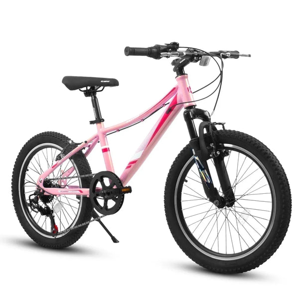 20 inch Mountain Bike for Girls Boys 7-12 Years Youth Bicycle MTB, 7-Speed with Suspension Fork, V-Brakes - Pink/Blue