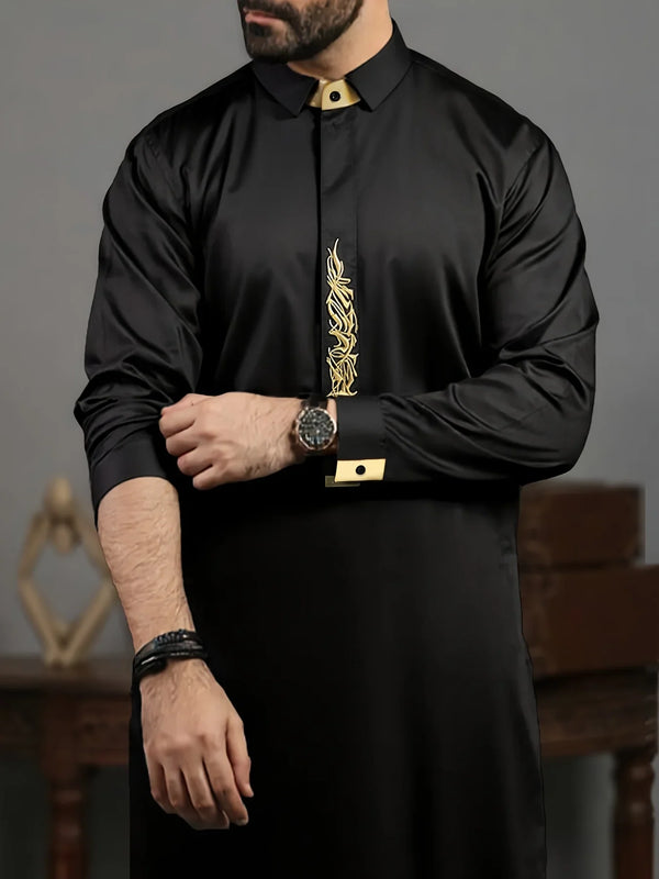 Men's Black Long Sleeve Arabian Kaftan with Golden Floral Pattern - Casual Middle Eastern Traditional Cultural Attire, Polyester Blend, Loose Fit, Perfect for Eid al-Fitr and Gul Festivals, Gift for Eld, Gift for Ramadan