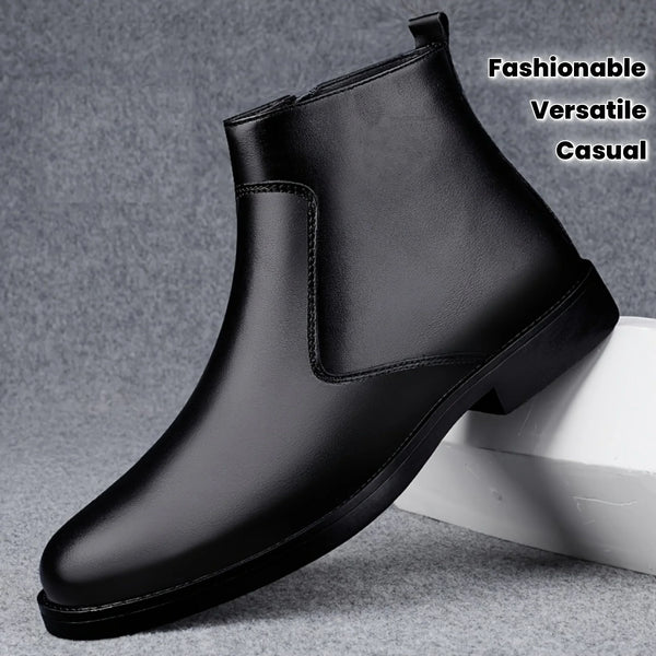 [Stylish Retro Boots] Stylish Retro Men's Mid-Calf Boots | Glossy Upper, Zipper Closure, Slip-Resistant Rubber Sole - Black Versatile Boots for Casual & Formal Outfits