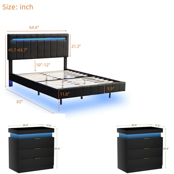 3-Pieces Bedroom Sets Floating Bed Frame with LED Lights and USB Charging, Nightstands Set with Charging Station & LED Lights