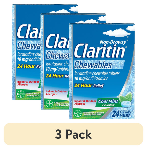 (3 pack) Claritin 24 Hour Non-Drowsy Antihistamine Allergy Relief Medicine Cool Mint Chewable Tablet, 24 Ct