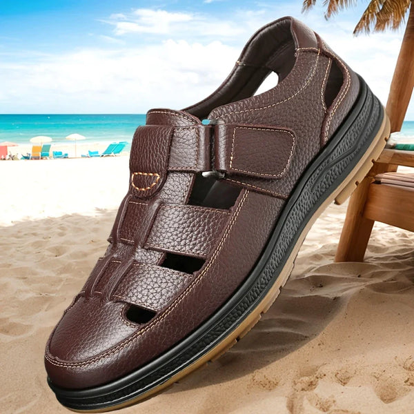 2025 Men's Breathable Sandals - Genuine Leather Upper, Comfort and Durability with Quick-Dry Technology Lightweight Beach Shoes, 2 Colors Available for Travel & Outdoor Activities，7 Holiday-Themed Options as a Perfect Business Casual Unisex Present