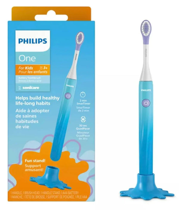 Philips One for Kids by Sonicare, Battery Toothbrush, for Kids Age 3+, with SmarTimer and QuadPacer for Thorough Clean, Lightweight and Colorful Handle, Quick Start Guide, Blue, Model HY1130/02