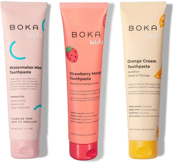 Boka Fluoride Free Toothpaste Nano Hydroxyapatite, Helps Remineralize, Appropriate for Sensitive Teeth, Whitening-for Adult, Kids Oral Care-Orange Cream, Watermelon Mint, Strawberry Mango, 4oz 3Pk
