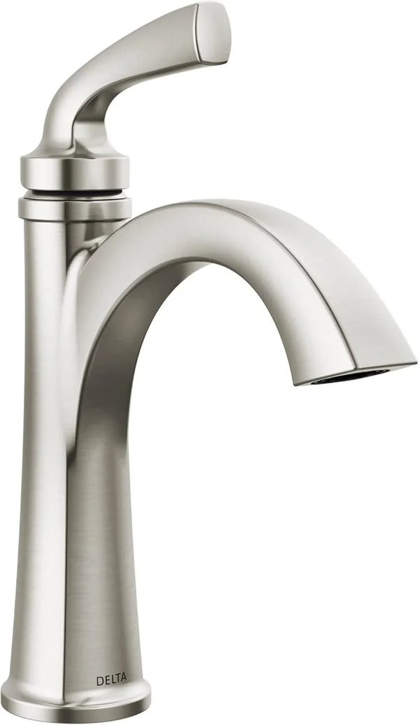 Delta Faucet Geist Single Hole Bathroom Faucet Brushed Nickel, Chrome Bathroom Faucets for Sink 1 Hole, Bathroom Sink Faucet, Drain Assembly Included, SpotShield Brushed Nickel 15864LF-SP