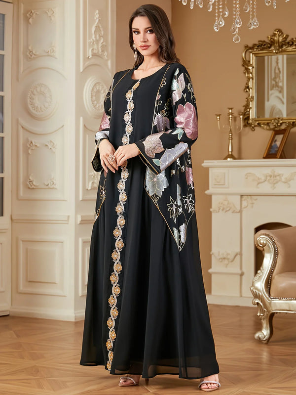 Gift for All 4 Seasons, One Piece in 1 Color Option, Embroidered Abaya Women's Robe Modern Elegant Round Neck Dubai Moroccan Casual Dress
