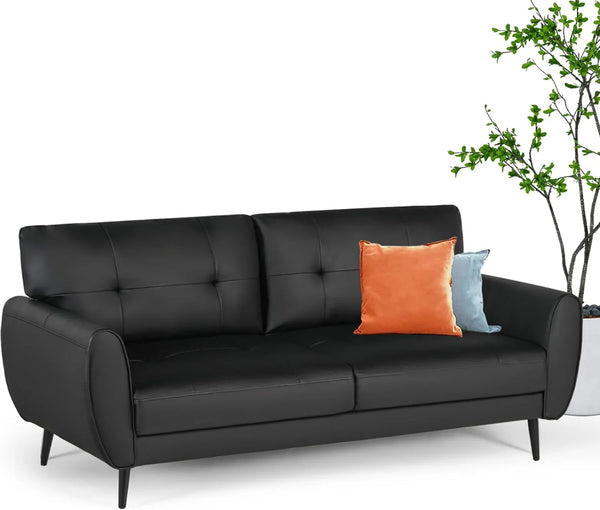 60" Loveseat Sofa for Living Room, Mid Century Mini Black Couch, Tufted Leather Love Seat Furniture, Comfy Office 2 Seat, Small Couches for Small Spaces, Bedroom, Apartment