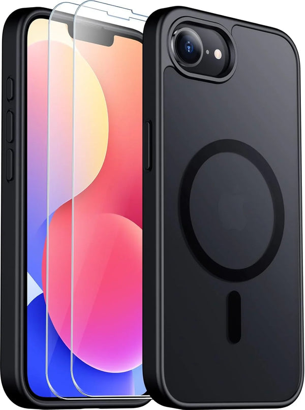 SPIDERCASE Designed for iPhone 16e Case, Magnetic Translucent Matte Case with 2PCS Tempered Glass Screen Protector Anti-Scratch Anti-Fingeprint Slim Phone Case for iPhone 16E 2025 6.1'', Black