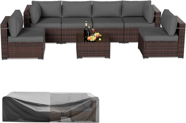Amopatio Patio Furniture Sets, 7 Pieces Outdoor Rattan Sectional Sofa Set with Glass Table and Cushions, Wicker Patio Conversation Set for Outdoor Indoor Backyard Lawn Garden Porch (Grey)