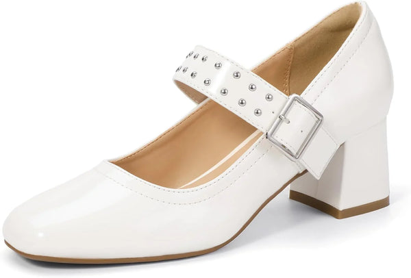 IDIFU IN2 Mary Jane Shoes Pumps Low Chunky Block Closed Toe Heels for Women Dressy Comfortable Wedding Bridal Bride Prom Party Dress Shoes Fashion Casual Cute Ankle Strap Square Toe Thick Heels Pumps