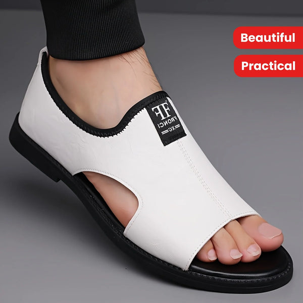 A Pair Of Beautiful And Practical Beach Leisure Sandals In Black, White And Brown.