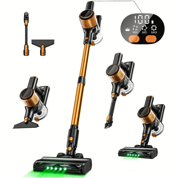 Cordless Stick Vacuum Cleaner 30KPa 8-in-1 with Powerful Suction, 3 Modes & LED Display - Ultra-Lightweight Anti-Tangle Design, 20min Runtime, Golden for Carpets, Floors & Pet Hair, Versatile Cleaning Tool, Portable Cleaning Device, Effective Cleaning Pow