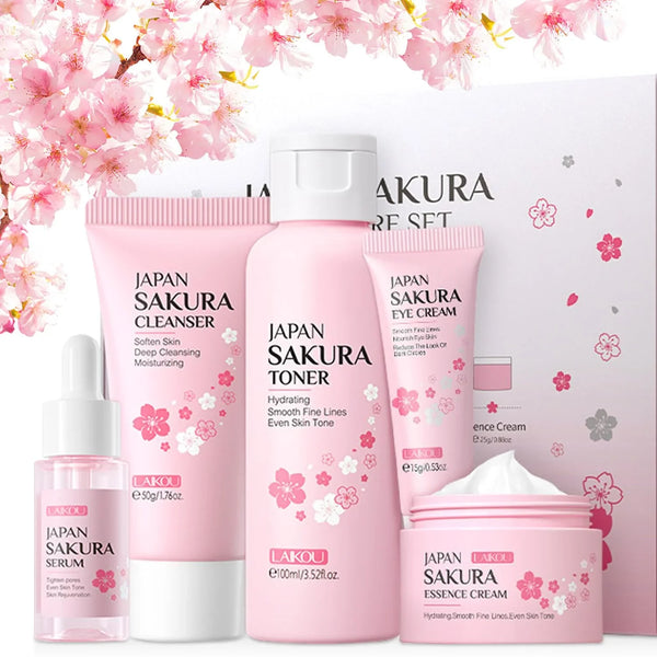 5Pcs Skin Care Set Sakura Women Beauty Gift Sets Korean Skin Care Kit with Cleanser, Face Serum, Face Cream,Toner,Eye Cream, Mud Mask - Skin Care Routine Kit for Women (Sakura)