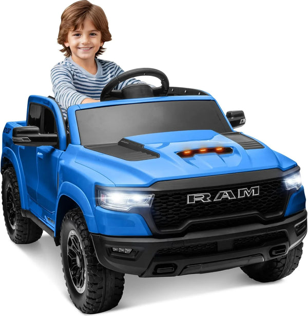 ENYOPRO Licensed Ram 1500 Ride On Truck, Electric Car for Kids & Toddlers, 12V Ride On Car with Remote Control, Key Start, Bluetooth, 2 Speeds, Working Headlights, Truck Bed Storage (Blue)