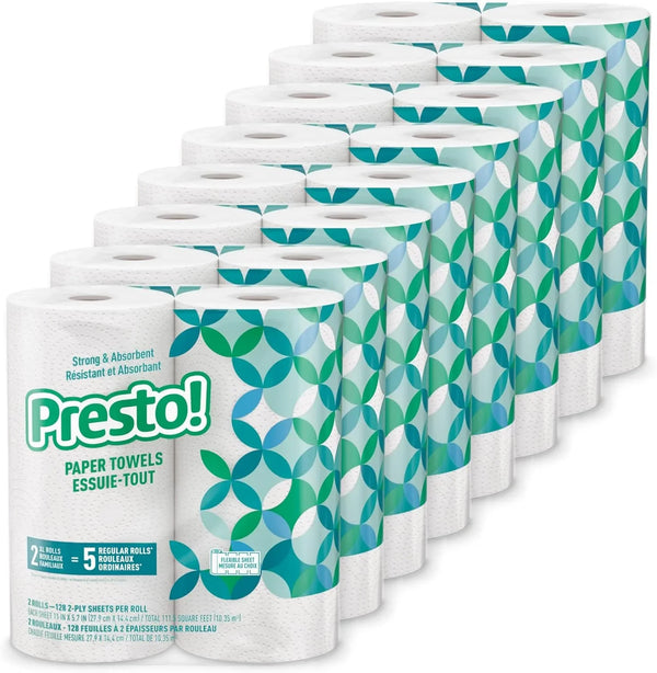 Amazon Brand - Presto! Flex-a-Size Paper Towels, 128 Sheet Family Roll, 2 Rolls (1 Packs of 2), White
