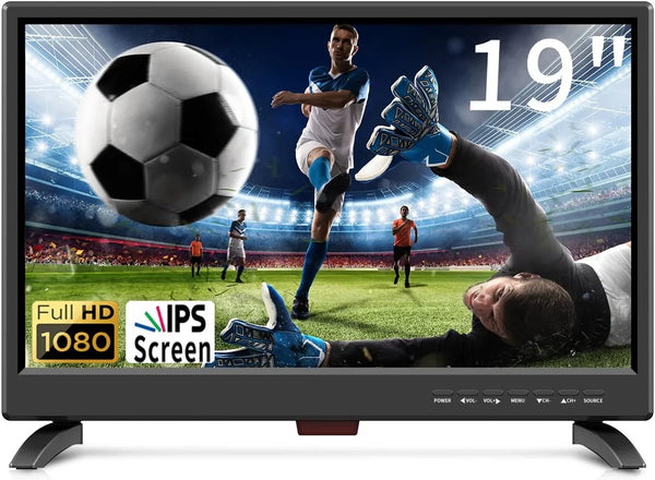 19 Inch HD LED Flat Screen TV 1080p IPS Display w/Digital Dual Tuners ATSC/HDMI/VGA/AV/USB, 12 Volt RV TV Built in Dual Speakers Suitable for Kitchen/RV/Caravan and Boat