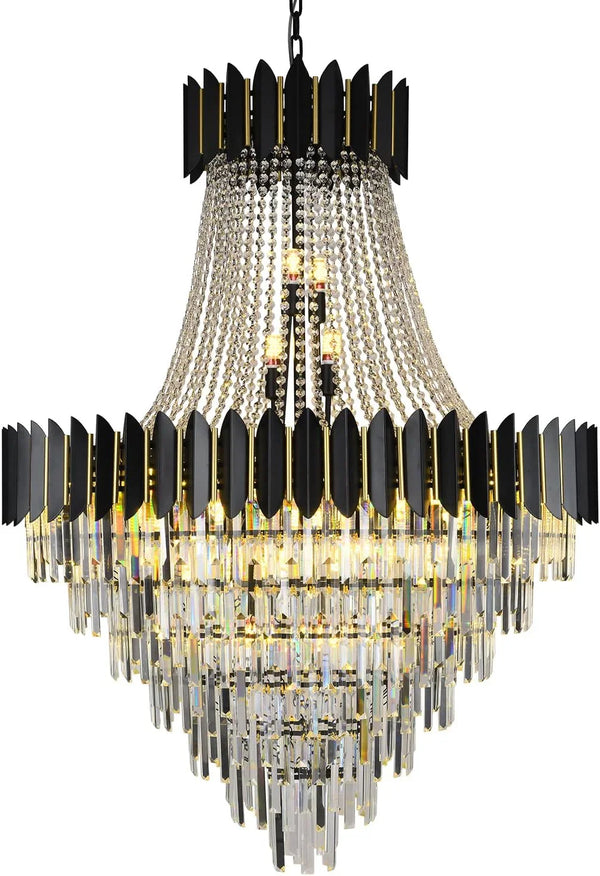 Luxury Modern Crystal Chandelier K9 Raindrop Crystal Chandelier Black Finish 7-Tier Crystal Pendant Ceiling Light Fixture for Dining Room Living Room Foyer Hallway (D40in-31 Lights)