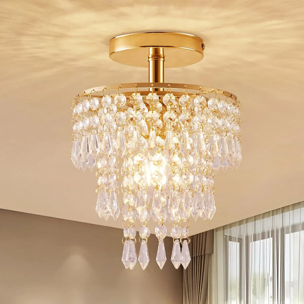 Modern Mini Crystal Chandelier, 3-Tier Raindrops Design Small Chandelier Light Fixture, Flush Mount Ceiling Light Fixture for Bedroom, Hallway, Living Room - E26 Base, Chandelier for Bedroom (Gold)