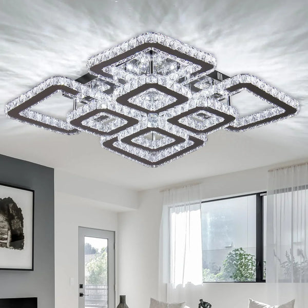 FRIXCHUR 20”Crystal Chandelier Square Led Crystal Flush Mount Ceiling Light 8 Lights Modern Crystal Ceiling Pendant Light Led Crystal Chandelier for Living Room Bedroom Cool White 6500K