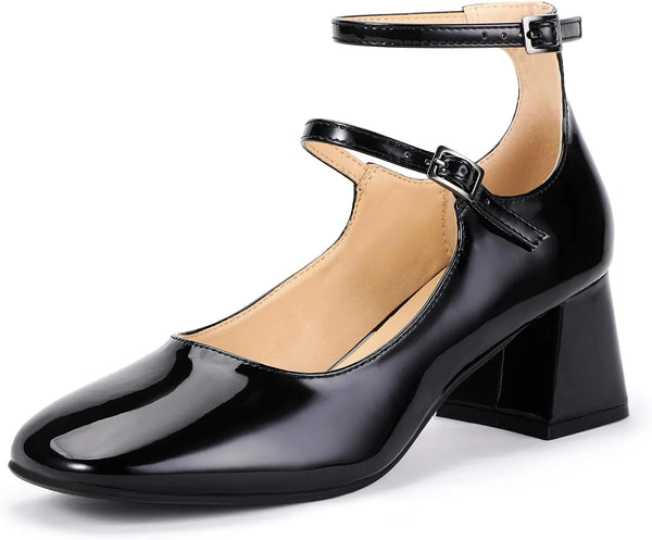 IDIFU IN2 Mary Jane Shoes Low Block Chunky Closed Toe Heels Dress Shoes for Women Square Toe Ankle Strap Wedding Prom Work Office Dressy Heels Comfortable Vintage Trendy Short Pumps