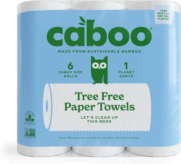 Caboo Tree Free Paper Towels, 6 Rolls, Eco Friendly, Earth Friendly, Sustainable Kitchen Paper Towels with Strong 2 Ply Sheets