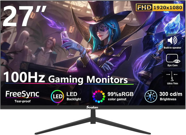 27 inch Gaming Monitor IPS 100Hz Computer Monitor Built-in Speakers Full HD 1920 x 1080P with HDMI VGA Interface Eye Care Frameless 100 x 100mm VESA with 3-Side Virtually Borderless Design