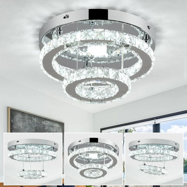Adjustable Height LED Ceiling Light Flush Mount 9.8" Small Crystal Chandelier Light Fixture 2 Tier Mini Chandelier for Bedroom Kitchen Hallway Closet Entryway,30W 6500K Cool White