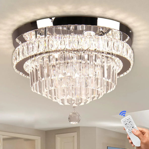 FRIXCHUR Crystal Chandelier LED Ceiling Light with Remote Control Crystal Pendant Light Dimmable Chandeliers for Dining Room Bedroom Living Room, Dia16 Inch