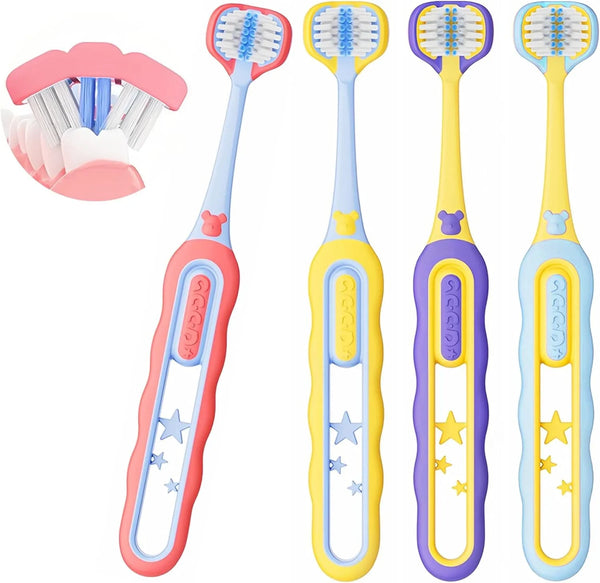 Toddler Toothbrush 4 Pack, Soft Baby Toothbrush Efficient 3 Sided Kids Tooth Brush for Ages 1-12 Years, Infant Training Tooth Brush Complete Tooth and Gum Care, Easy to Grip(Patent)