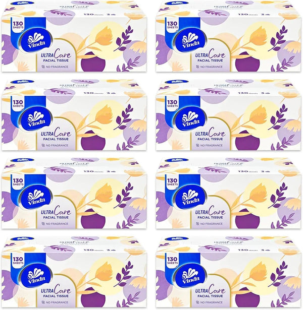 3-Ply Ultra Care Facial Tissues – 130 Soft & Strong Sheets per Box, 8 Flat Boxes – Hypoallergenic, Gentle for Sensitive Skin, Ideal for Home, Office, and Everyday Use