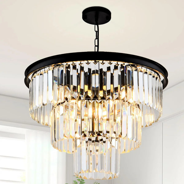 8 Light Modern Crystal Chandelier 20'' Black Chandeliers for Dining Room Contemporary Pendant Light Fixture Round 3-Tier Adjustable Height E12 for Living Room, Foyer, Entryway, Bedroom
