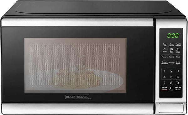 BLACK+DECKER EM720CB7 Digital Microwave Oven with Turntable Push-Button Door, Child Safety Lock, 700W, Stainless Steel, 0.7 Cu.ft