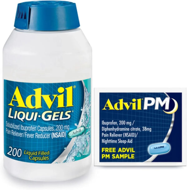 Advil Liqui-Gels Pain Reliever and Fever Reducer, Pain Medicine for Adults with Ibuprofen 200mg for Headache, Backache, Menstrual Pain and Joint Pain Relief - 200 Capsules, Advil PM Ibuprofen - 2 Ct