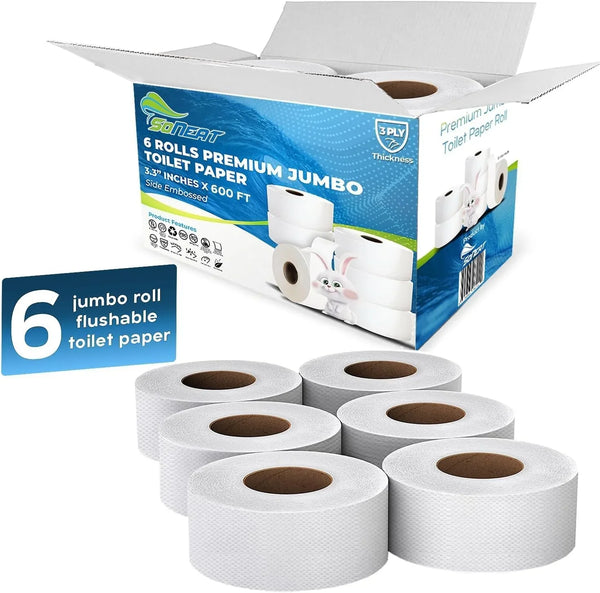 3-Ply Jumbo Toilet Paper Rolls, 9' Commercial Bathroom Tissue, 600 Ft. Long, Fits Standard Dispensers