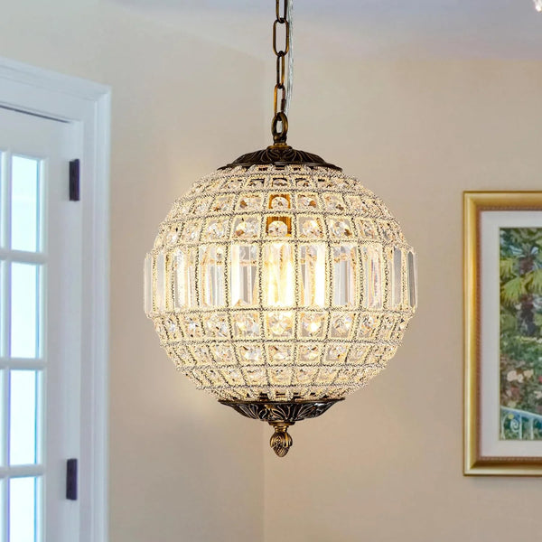Antique Crystal Globe Chandelier, 11.8" Adjustable Crystal Sphere Classic Pendant Light Fixture for Living Room Kitchen Island Bronze