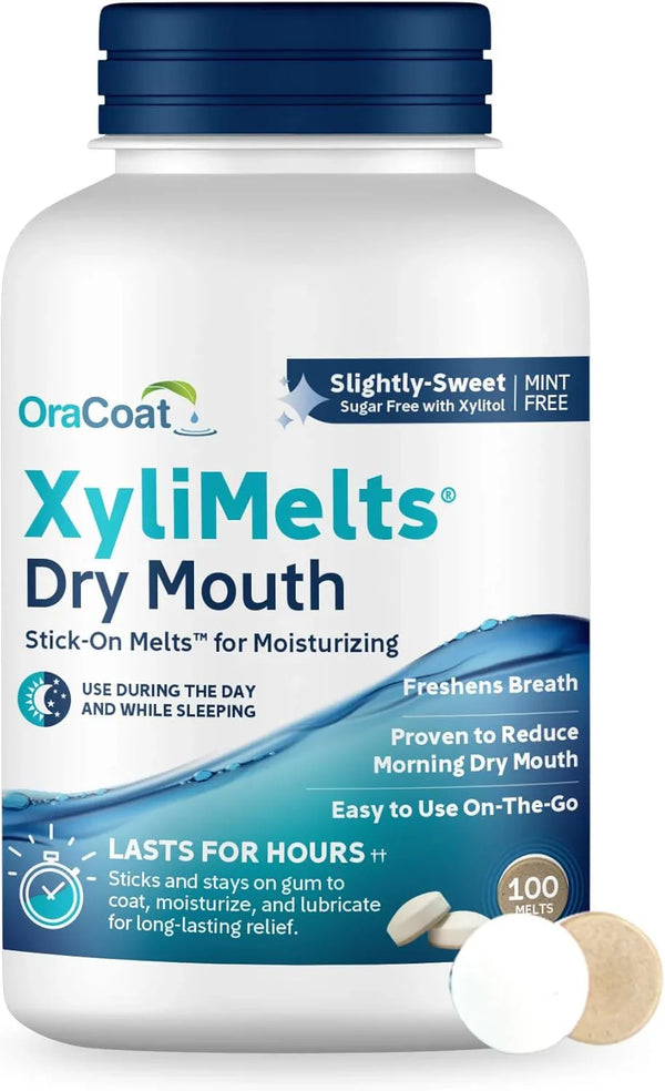 Oracoat XyliMelts for Dry Mouth Night Time or Day - Moisturizing Dry Mouth Adhering Discs, Sugar Free with Xylitol, 100 Count, Slightly Sweet Flavor, 8-Hour Relief