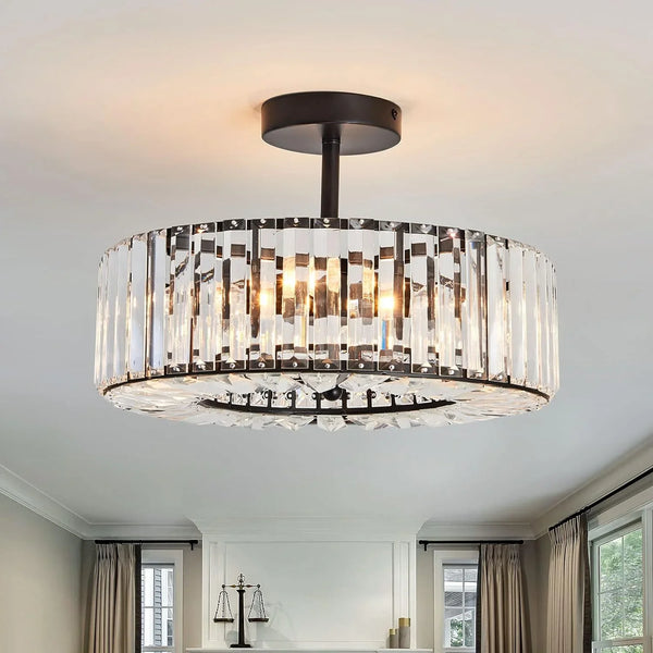 4 Lights Modern Crystal Chandelier Black Round Semi Flush Mount Ceiling Light Fixture Farmhouse Chandelier for Dinning Room Living Room Bedroom Hallway Entryway Kitchen
