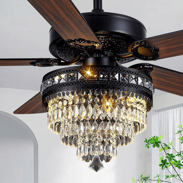 Crystal Ceiling Fan with Lights and Remote Control, 52" Farmhouse Chandelier Fan with Silent AC Motor, 3-Speed, Wood Blades, Black Ceiling Fans Fandelier for Living Dining Room Bedroom