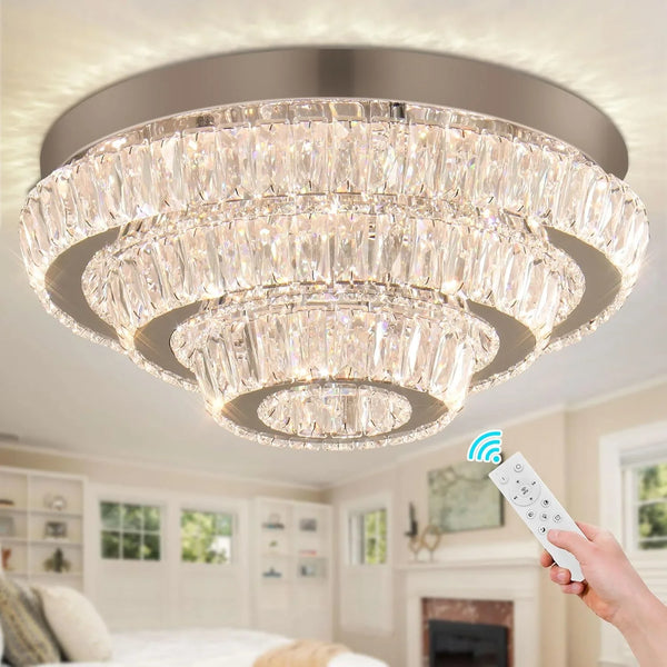 16.5" Crystal Chandelier Modern Crystal Ceiling Light LED Chandeliers with Remote Control 3 Layers Flush Mount Ceiling Light Fixtures for Bedrooms Living Room Dining Room Lights (Dimmable)