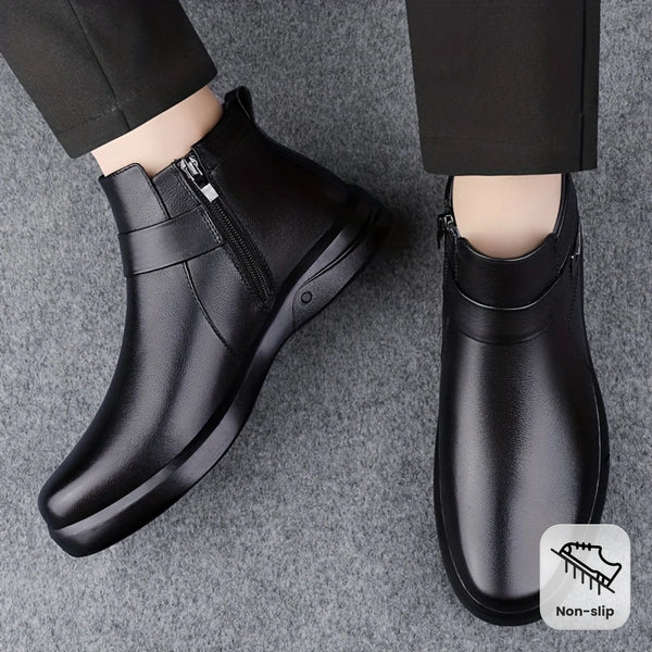 [Men's Leather Boots] Leather Ankle Boots, Men's Solid Top Breathable Wear-resistant Non Slip Boots With Side Zipper For Outdoor Casual