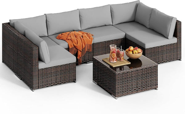 7 Pieces Outdoor Patio Furniture Set, PE Rattan Outdoor Wicker Sectional Furniture Sofa Set, with Cushions and Glass Coffee Table, for Balcony, Porch, Garden, Grey