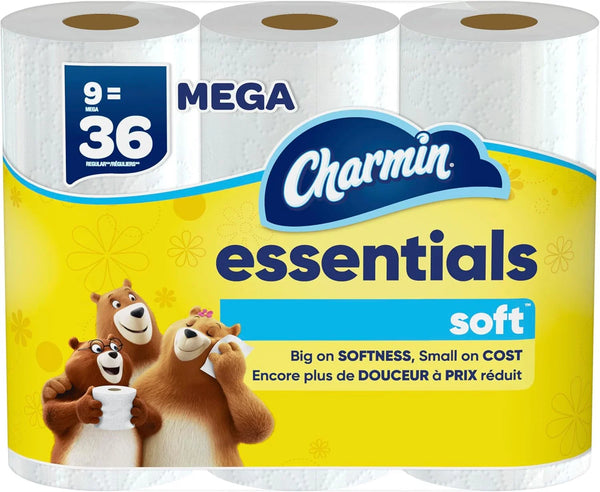 Charmin Essentials Soft Toilet Paper, 9 Mega Rolls = 36 Regular Rolls