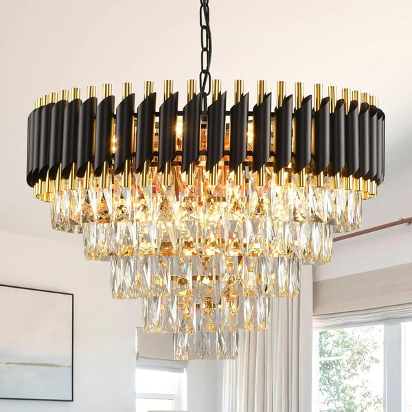 Modern Crystal Chandelier Black and Gold Chandelier 5-Tier Round Pendant Ceiling Light Fixture Flush Mount Chandeliers for Dining Room Living Room Bedroom Foyer Hallway Entryway Kitchen W23.6in