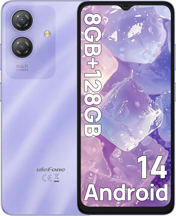 Ulefone Note 21 Phone Unlocked, 8GB+128GB, 8-Core, 6.56" HD+ 90Hz Display, Android 14, 13MP AI Camera, 5000mAh Battery, Dual 4G LTE, Fingerprint/Face Unlocked Cell Phone, Widevine L1, GPS, Purple